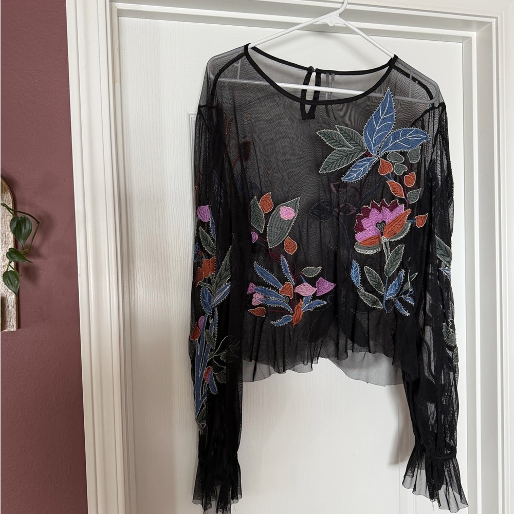 Anthropologie Black Sheer Top with Colorful Floral Embroidery